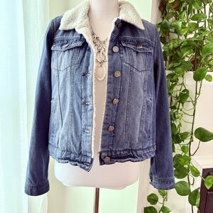 JouJou Women's Size M Western Faux Fur Lined Denim Jean Jacket Button Up